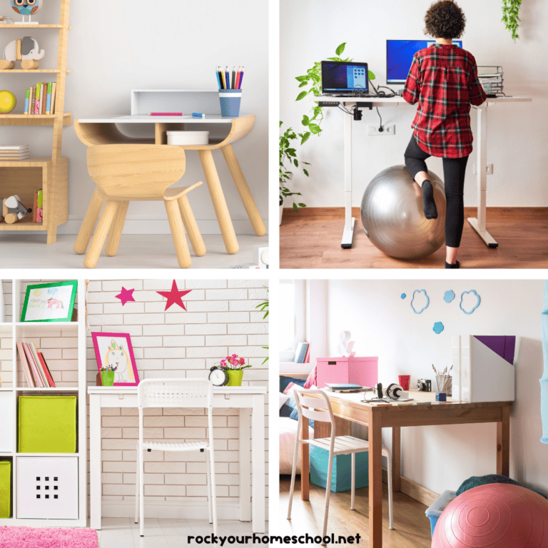 Four examples of homeschool desk ideas.