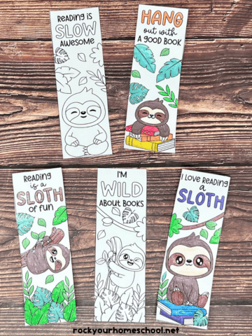 Five examples of free printable sloth bookmarks to color.