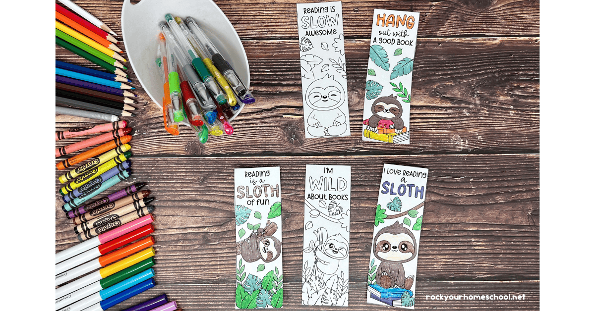 Five examples of sloth coloring bookmarks with gel pens, crayons, and markers.