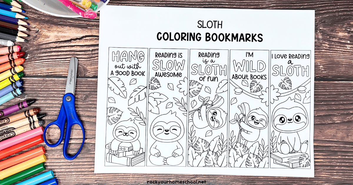 Free printable page of sloth bookmarks to color with gel pens, color pencils, crayons, markers, and scissors.