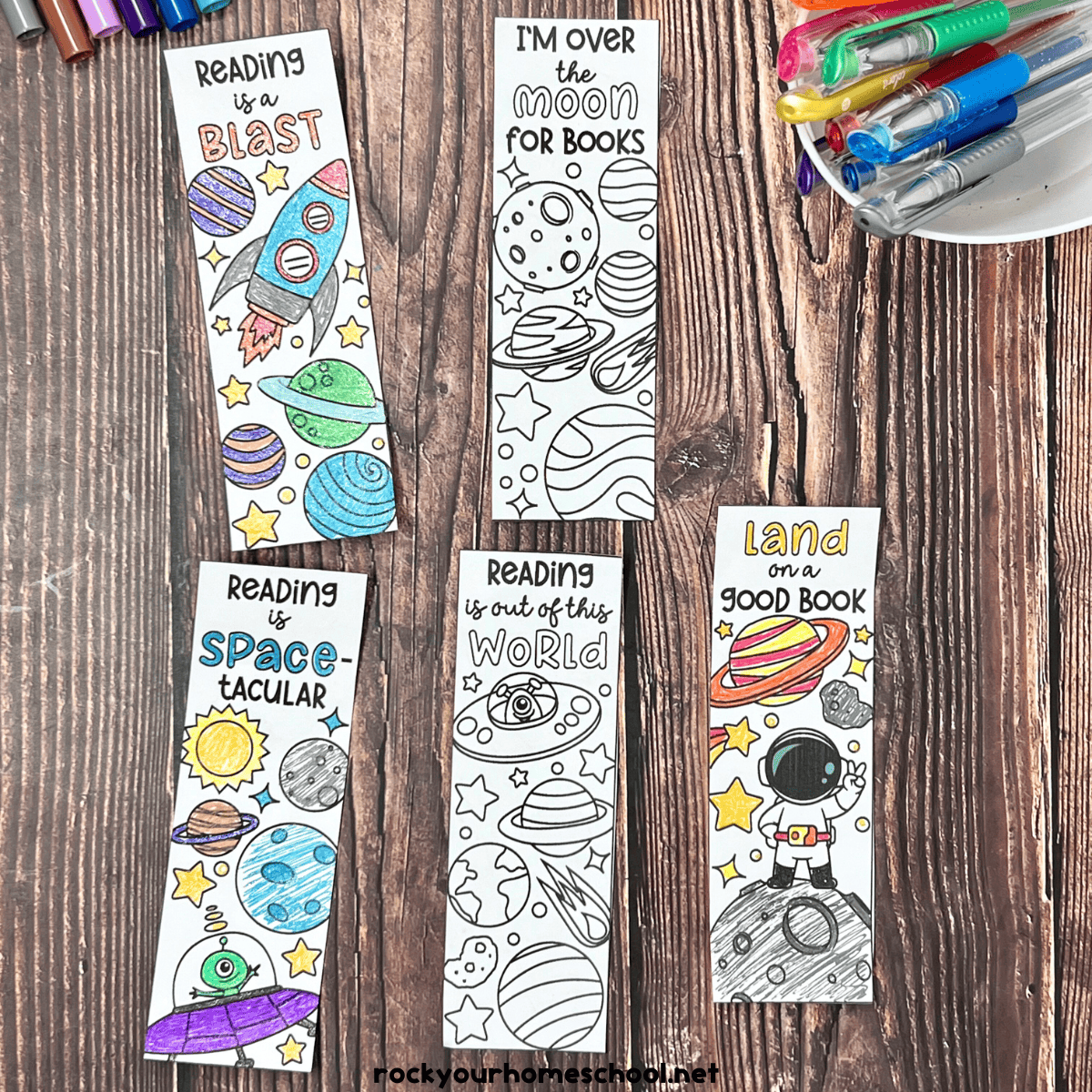 Five examples of free printable space bookmarks to color with markers and glitter gel pens.