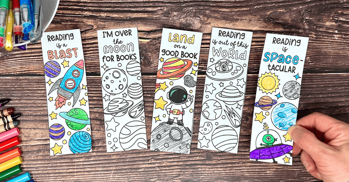 Five free printable space coloring bookmarks with glitter gel pens.