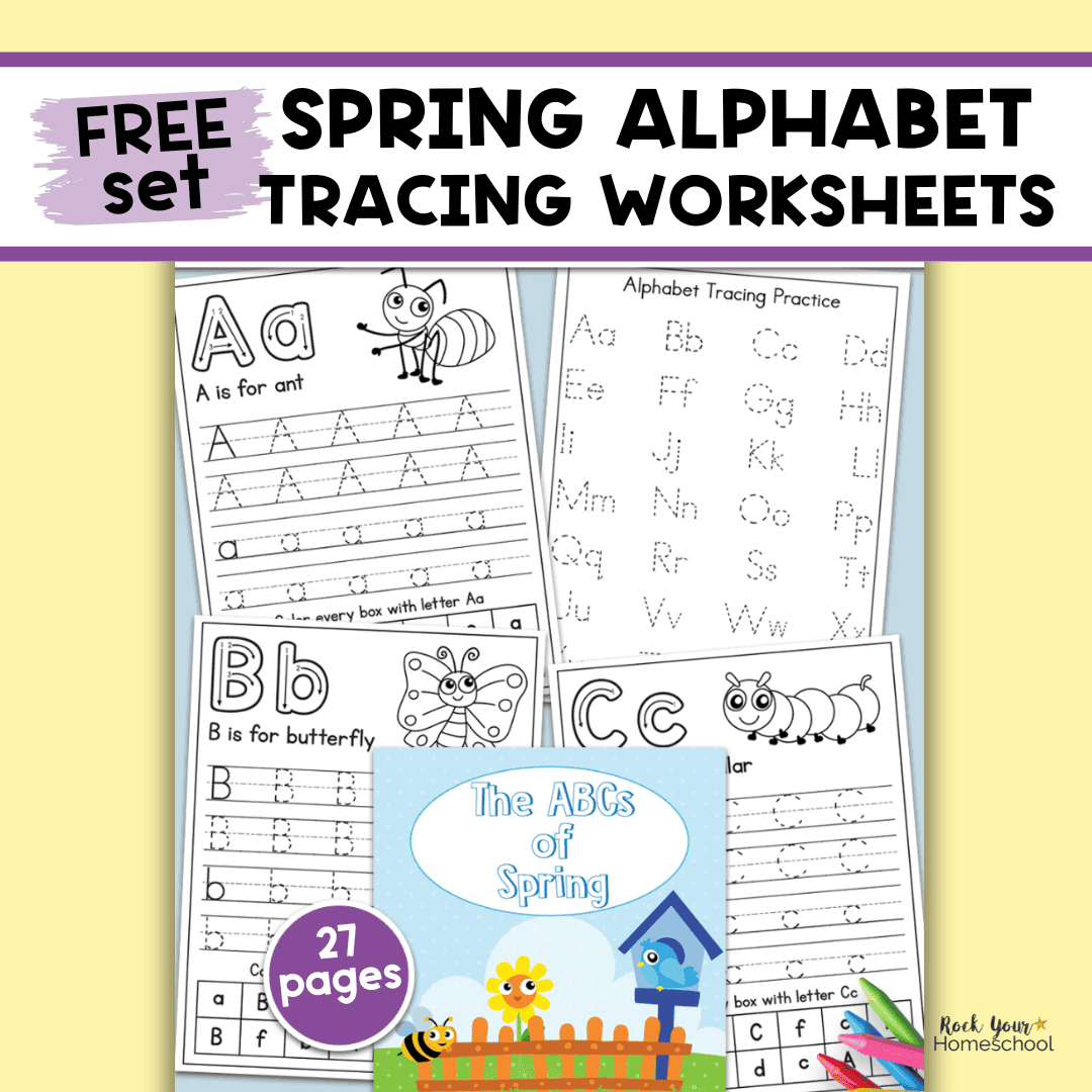Examples from free printable spring alphabet tracing worksheets set.