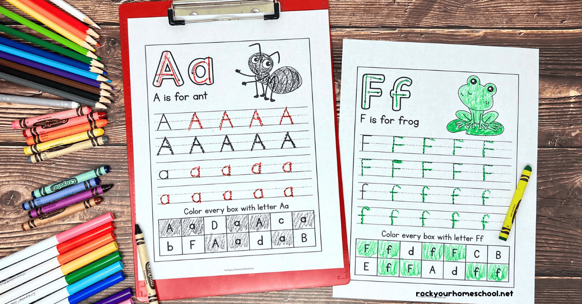 Two examples of free printable spring alphabet tracing worksheets featuring A and F.