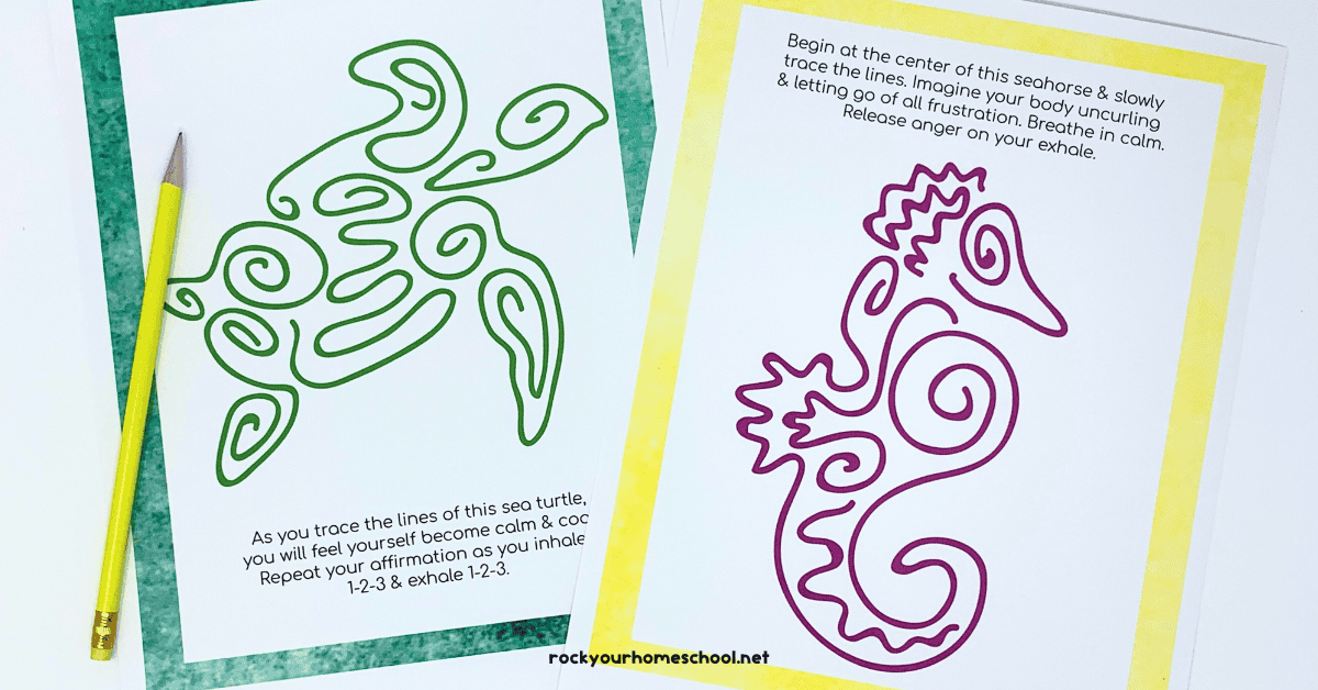 Two examples of under the sea mindfulness activities for kids featuring a sea turtle and sea horse.
