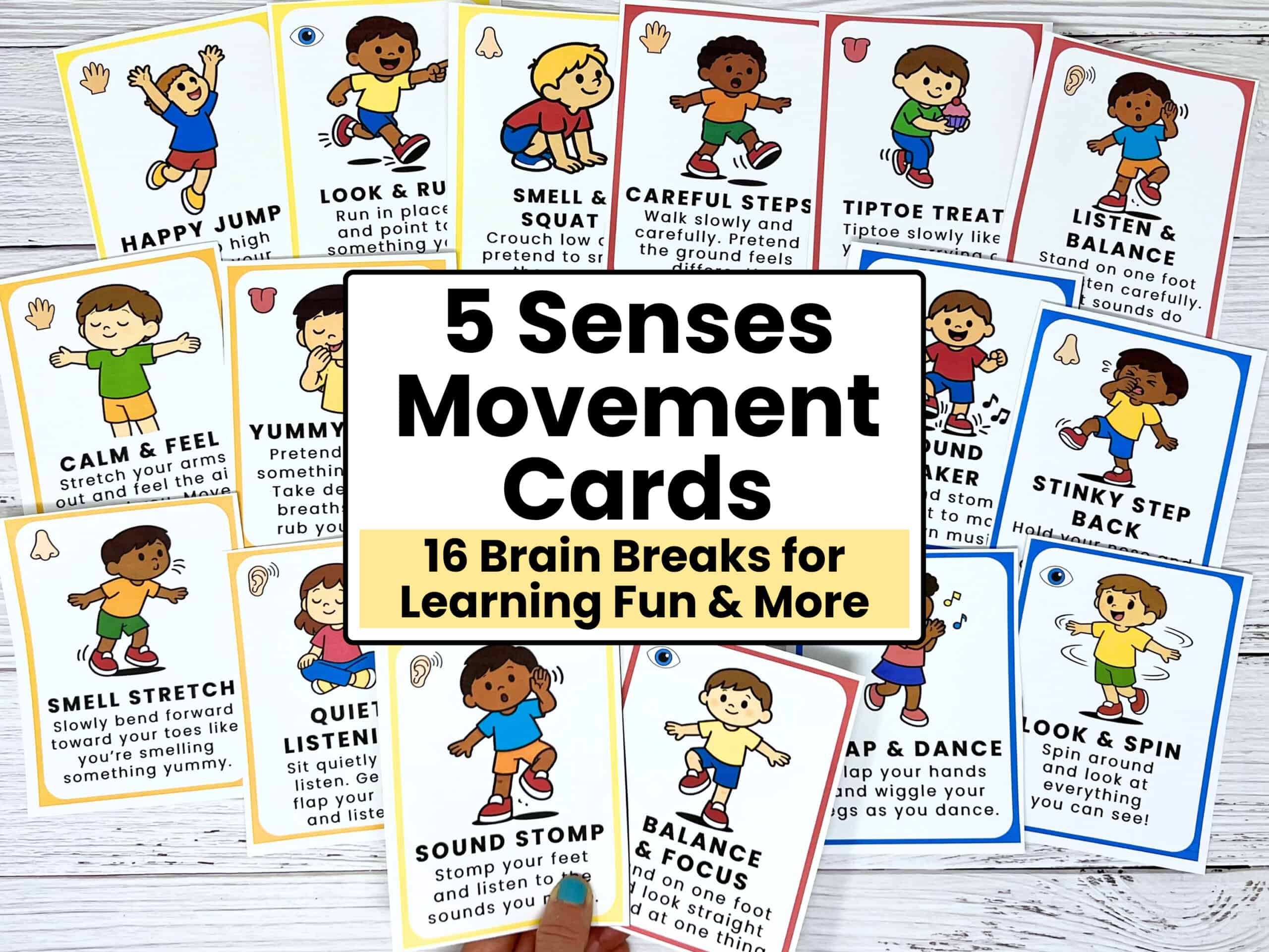 16 printable 5 senses movement cards for kids.