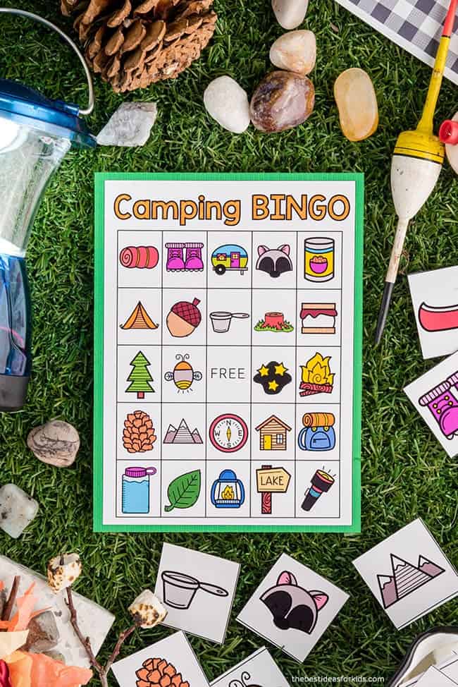 Example of camping bingo game card with camping accessories.