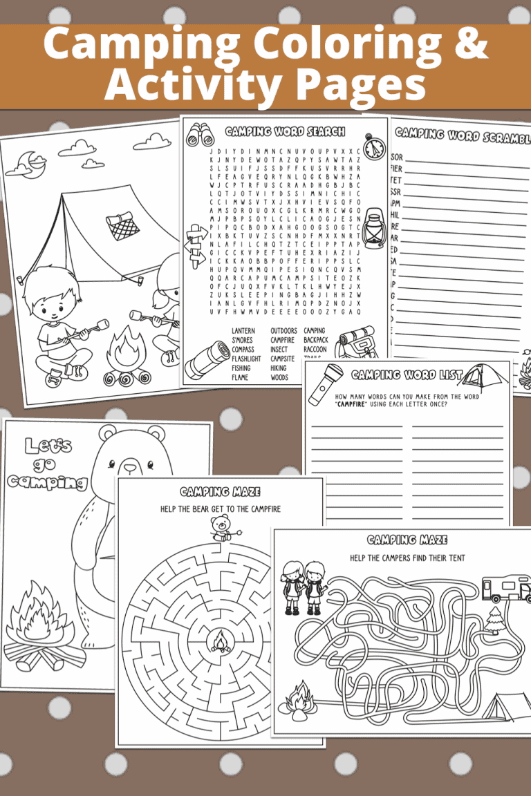 7 pages of camping coloring and activities.