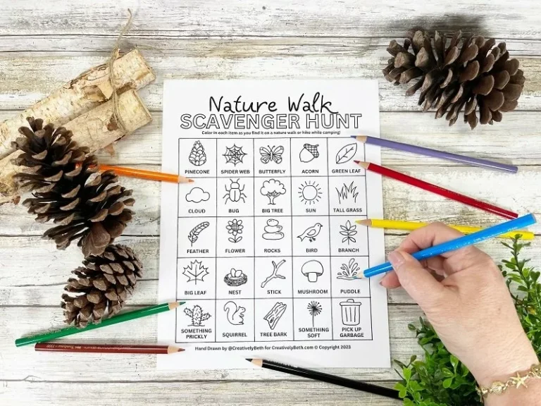 Example of free nature walk scavenger hunt printable to color.