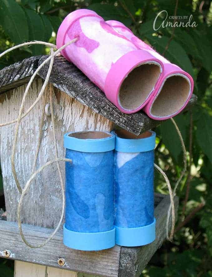 Pink and blue examples of cardboard tube binoculars.