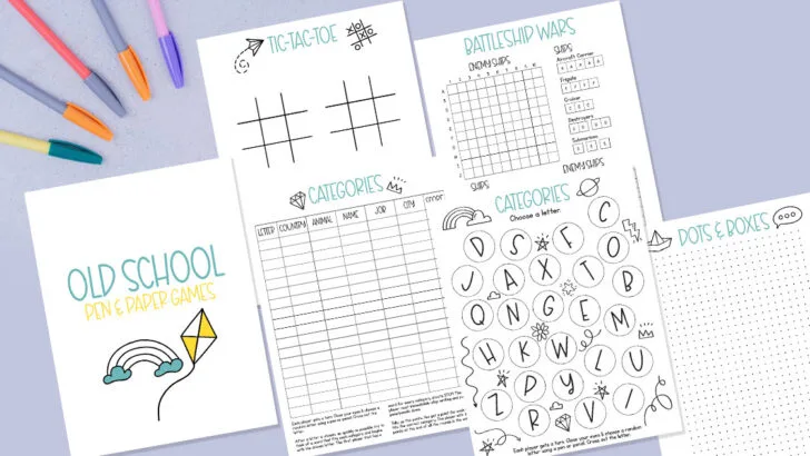 Examples of free printable classic pen and paper games for travel.