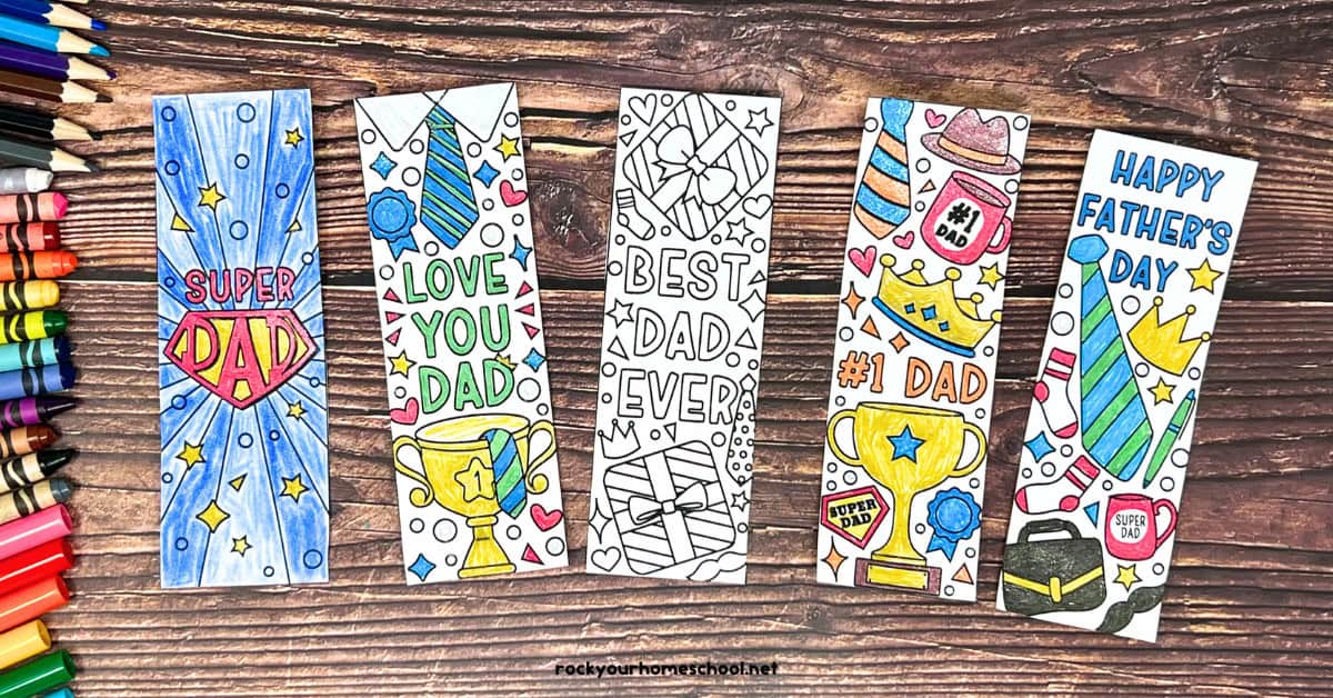 Five examples of free printable Father's Day bookmarks to color with color pencils, crayons, and markers.