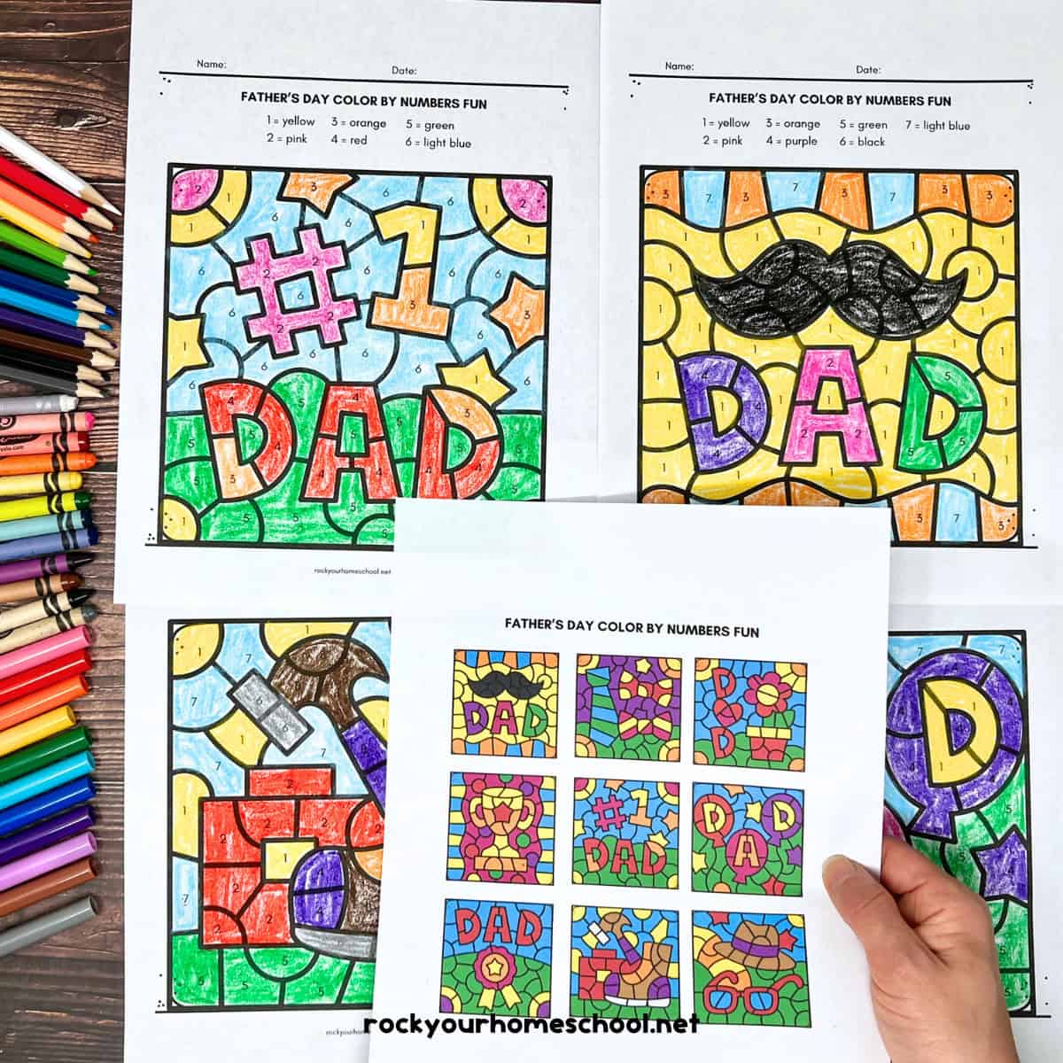 Four examples of free printable Father's Day color by number pages and woman holding color answer key.