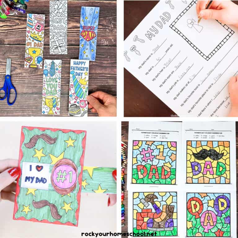 Four examples of free printable Father's Day activities for kids.