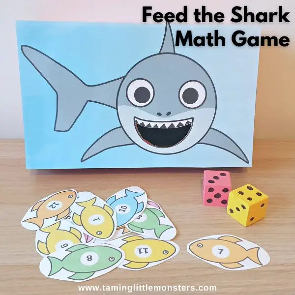 Example of free printable feed the shark math game with foam dice.
