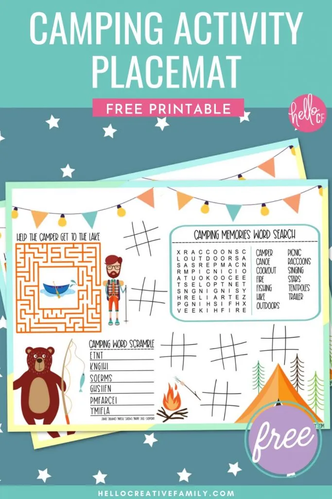 Example of free printable camping activities placemat.