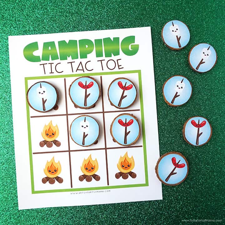 Example of free printable camping tic-tac-toe game.