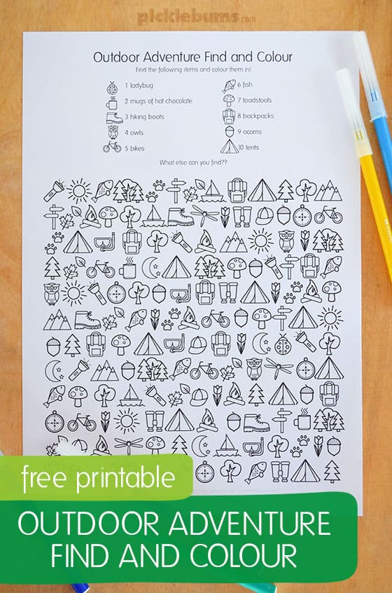 Example of free printable outdoor adventure I Spy pages.