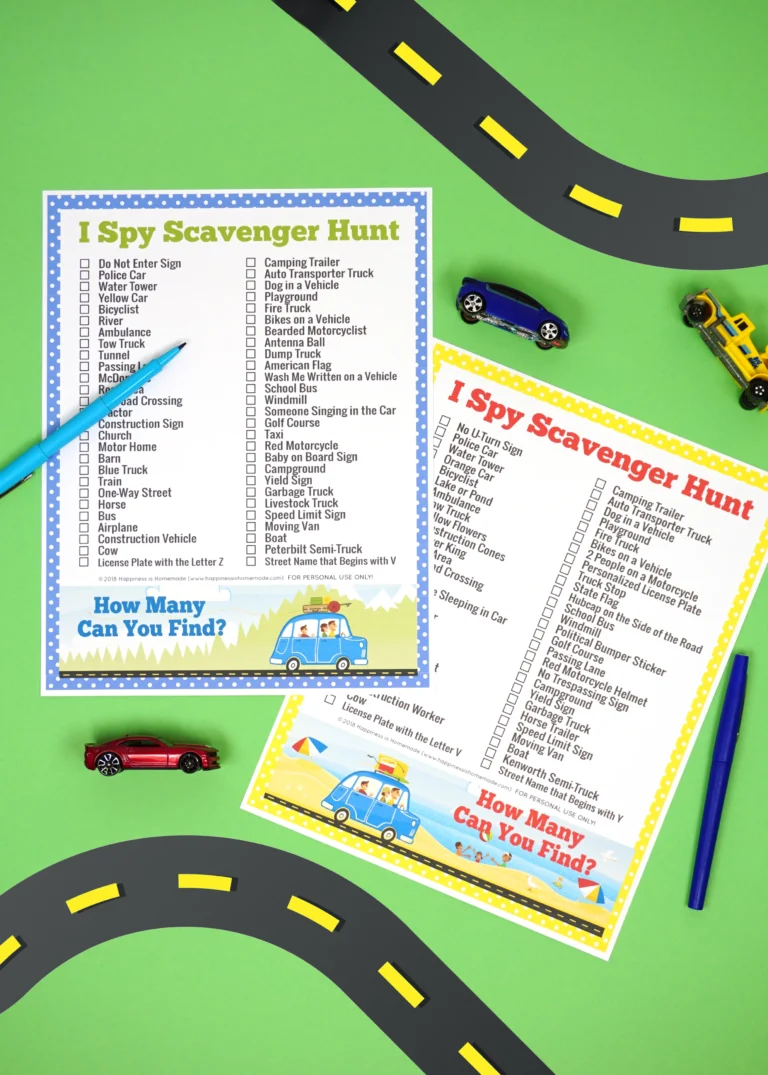 Two examples of free printable I Spy scavenger hunt for road trip games.