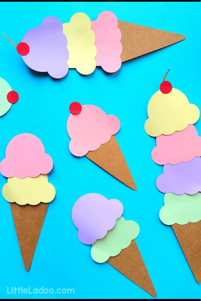 5 examples of paper ice cream cone craft.