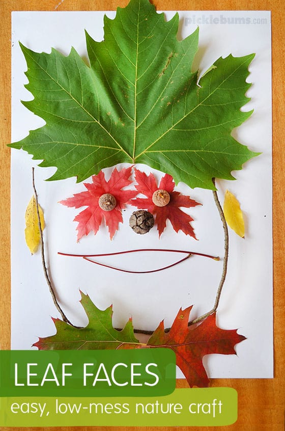 Example of leaf faces with leaves, sticks, and acorns.