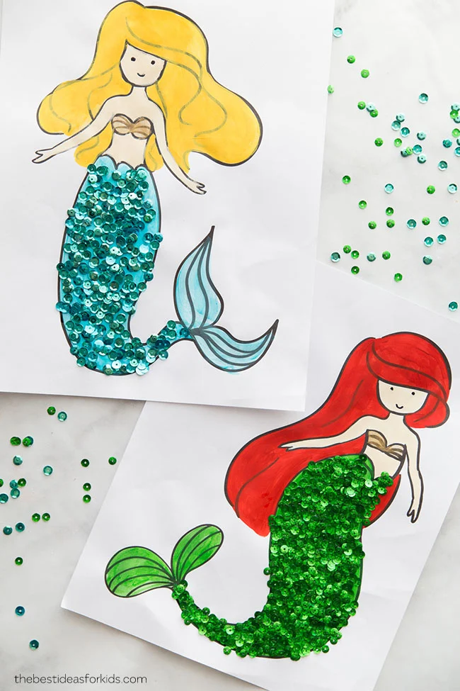 Two pages of mermaid coloring pages with sequins.