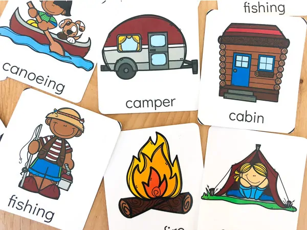 Printable nature story cards featuring camper and campfire.