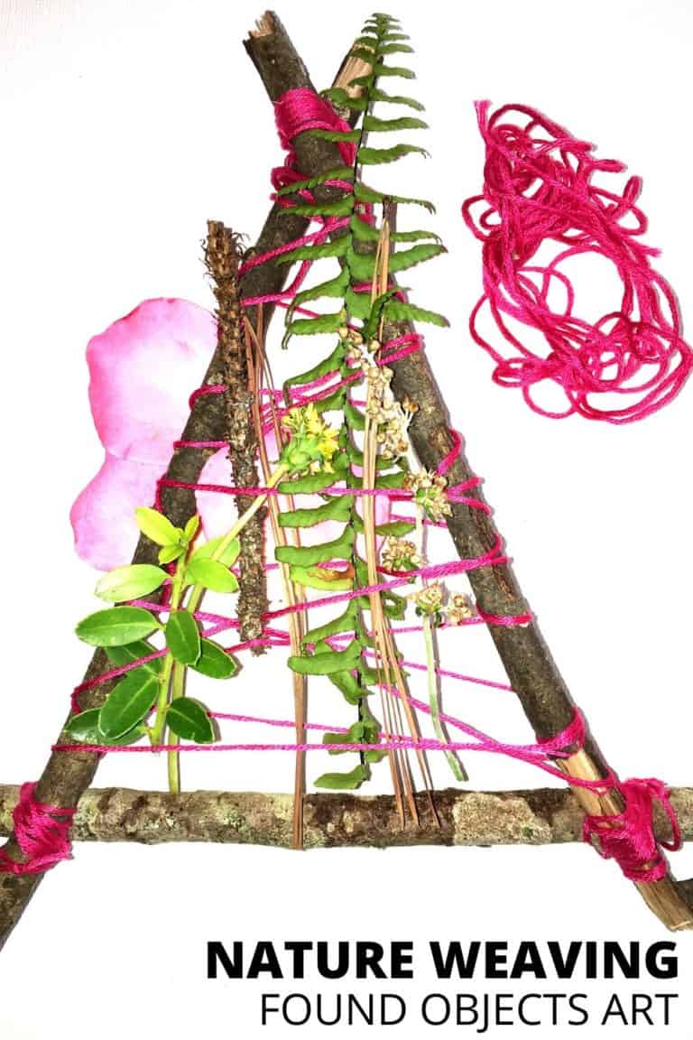 Example of nature weaving with found object art with sticks, pink yarn, and more.