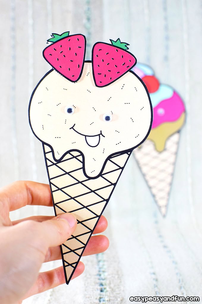 Example of cute paper ice cream craft for kids with strawberries.