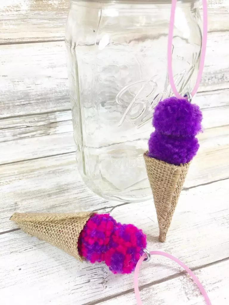 2 examples of pom pom and burlap ice cream cone necklace crafts.