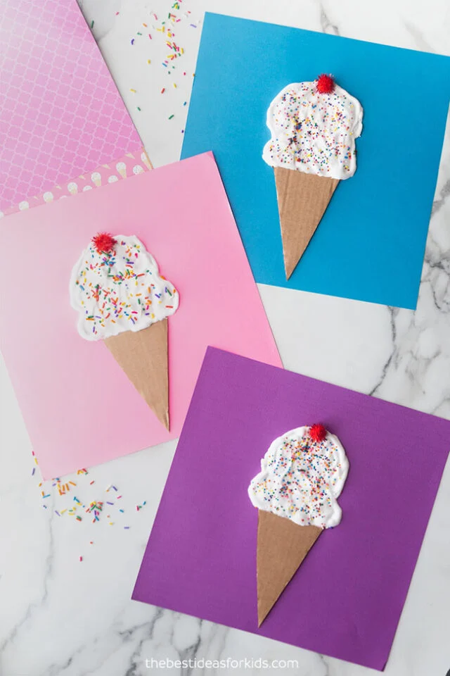 Three examples of puffy paint ice cream crafts for kids.