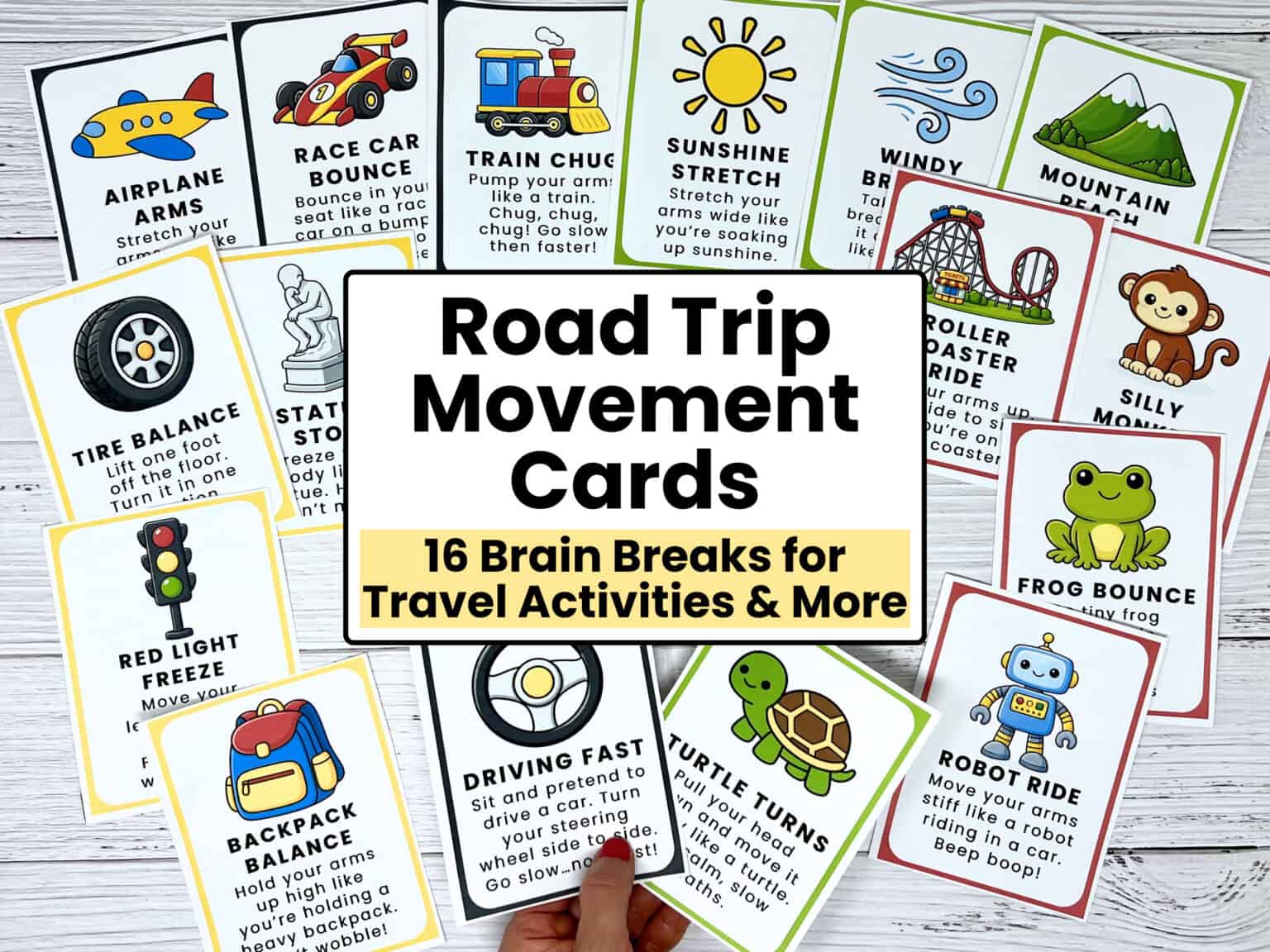 Woman with a set of printable road trip movement cards for kids.