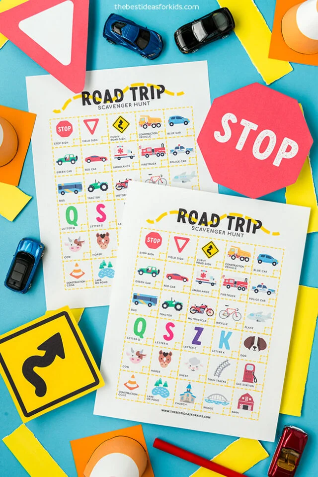 Two examples of free printable road trip scavenger hunt.