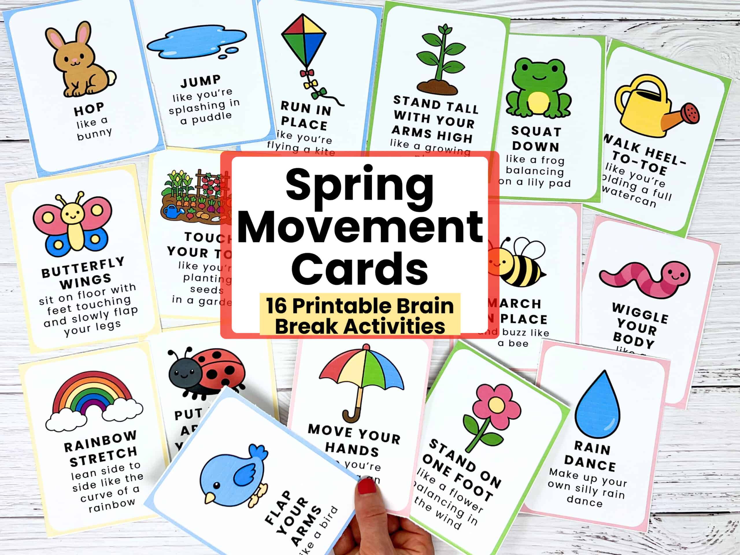 Woman holding examples of printable spring movement cards for kids for active learning fun.