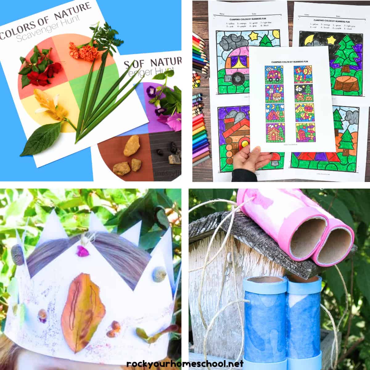 Four examples of fun camping activities for kids with color scavenger hunt, color by number pages, nature crown, and DIY toilet paper roll tube binoculars.