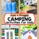 4 types of camping activities for kids with DIY binoculars, campsite sign, color by number pages, and nature crown craft.