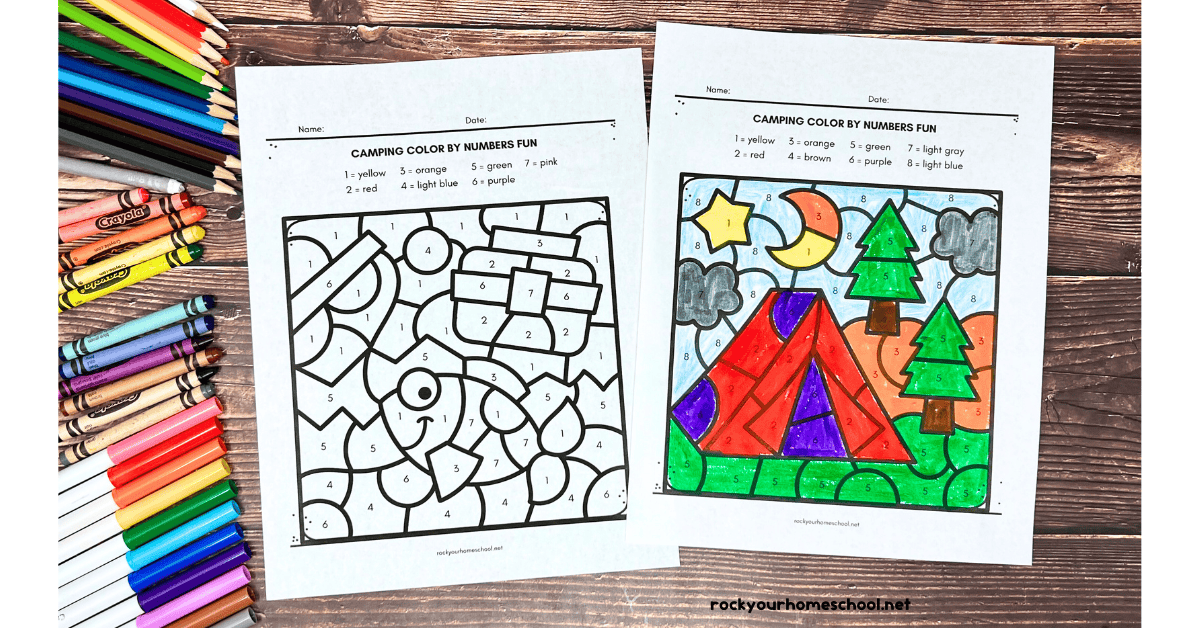 Two examples of free printable camping color by number worksheets featuring fish with fishing gear and tent with trees.