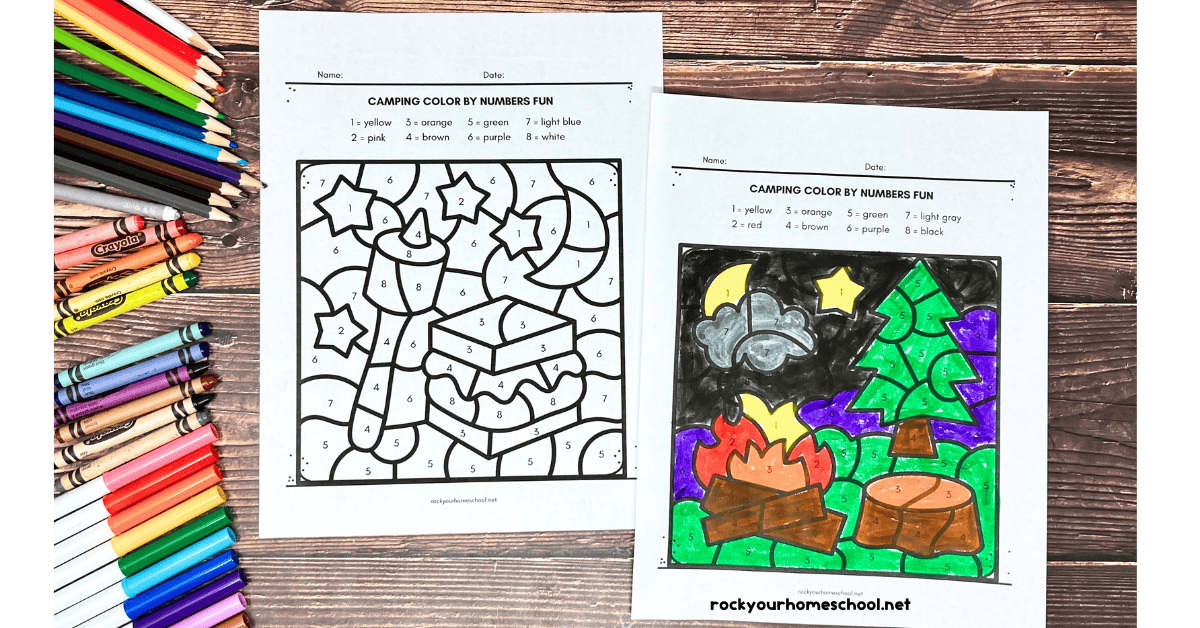2 printable color by number pages with camping themes of marshmallow and s'mores and campfire, stump, and tree.