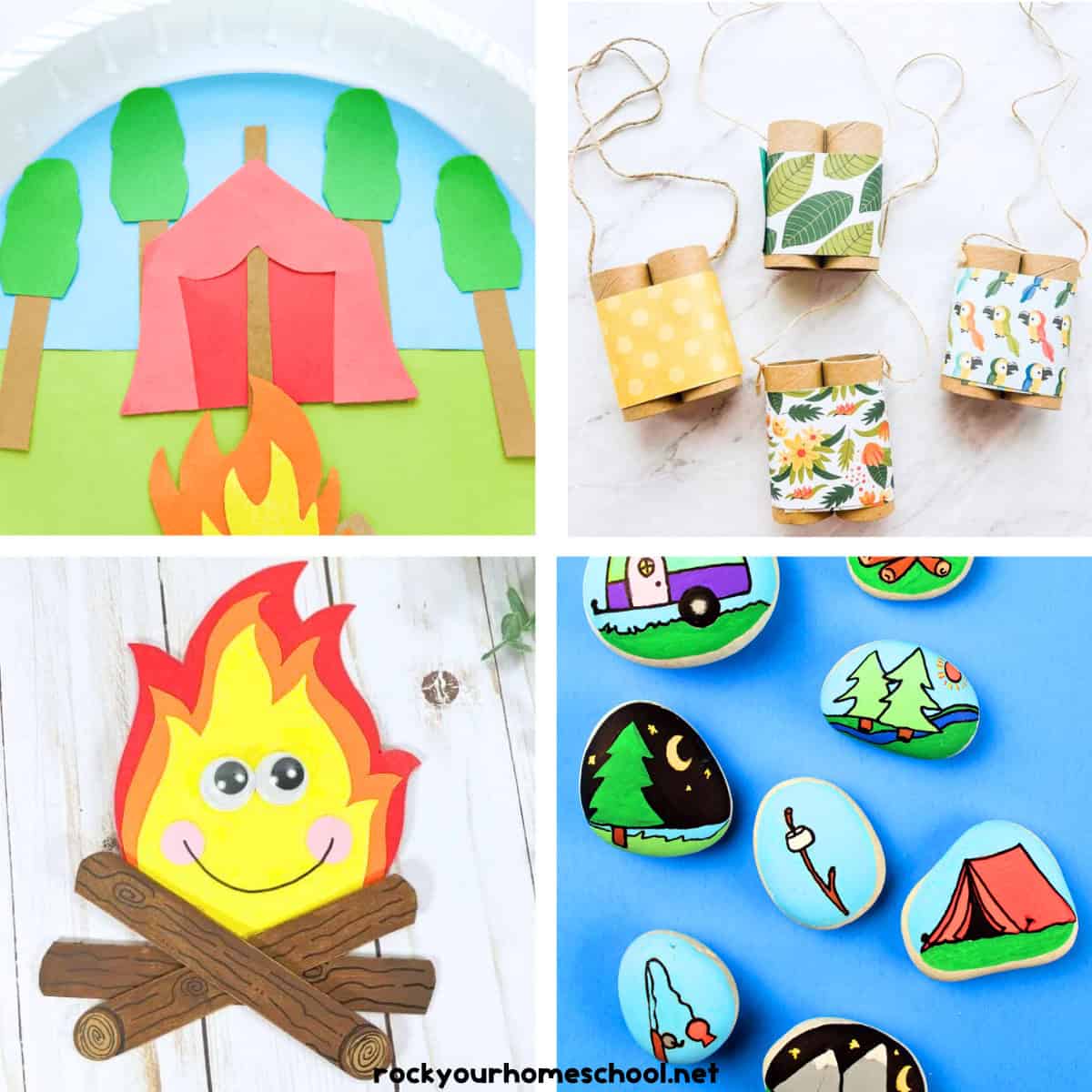 Four examples of camping crafts for kids.