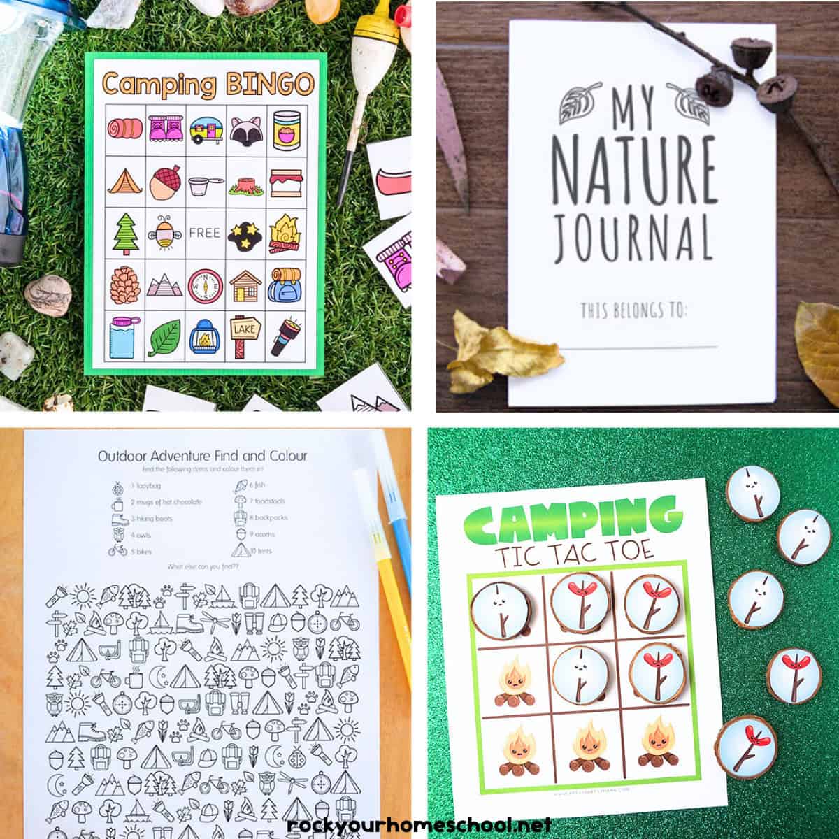 Four examples of camping printables for kids with bingo, nature journal, I Spy, and tic-tac-toe.