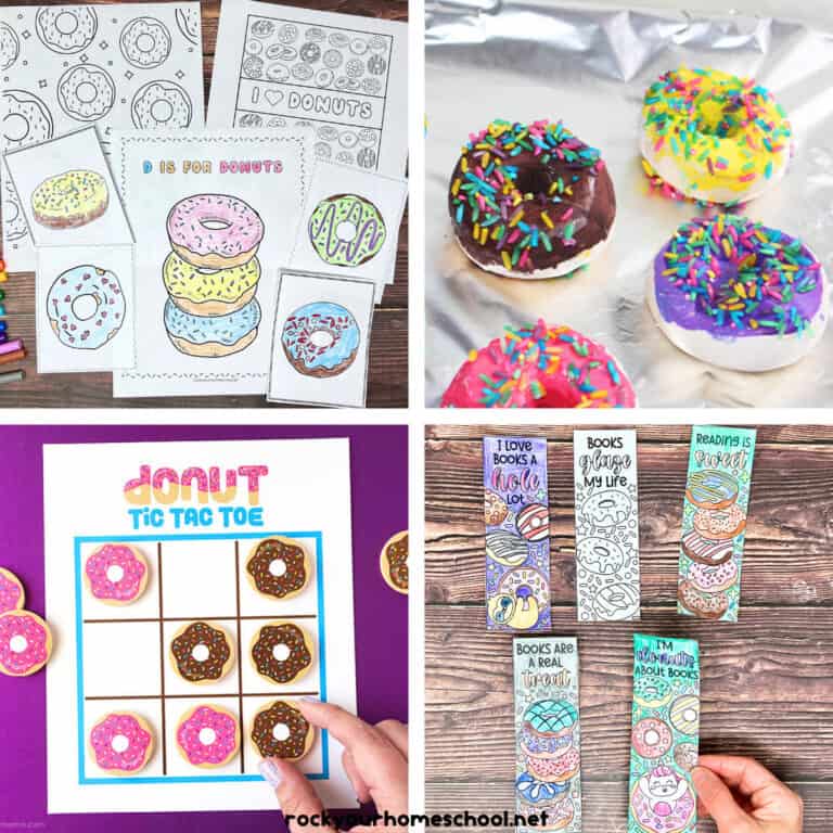 Four examples of donut activities and crafts for kids including coloring pages, salt dough crafts, tic tac toe game, and coloring bookmarks.