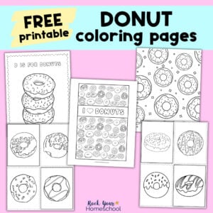 5 pages from free printable donut coloring pages pack.
