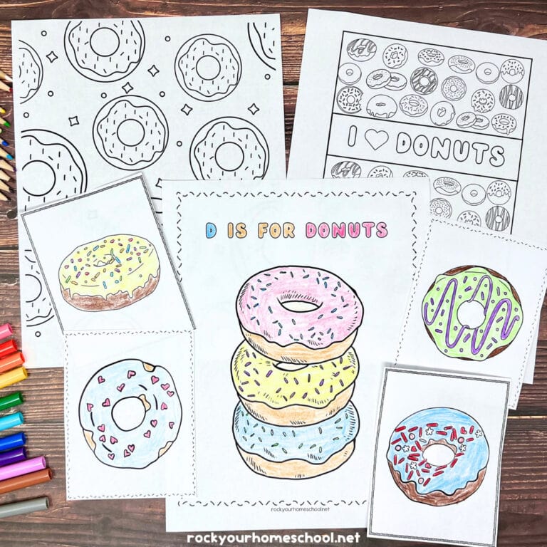 Examples of free printable donut coloring pages for kids.