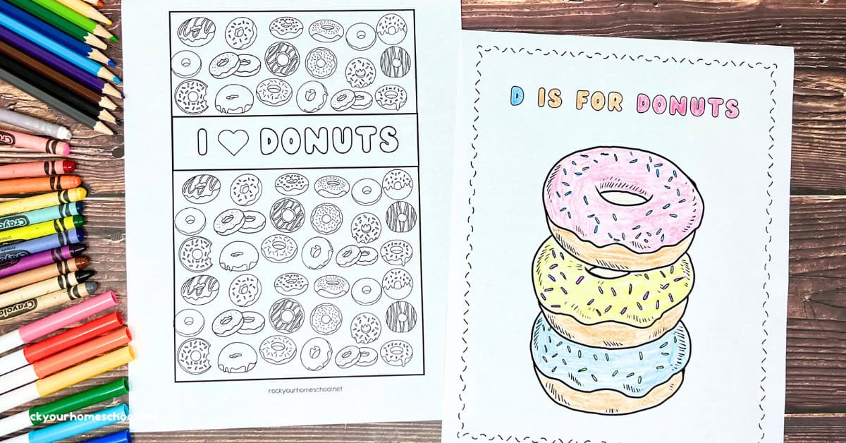 Two examples of free printable pack of donut coloring pages.