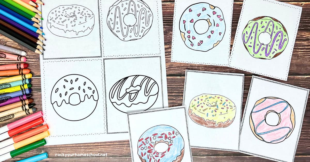 Examples of coloring pages with donut themes.