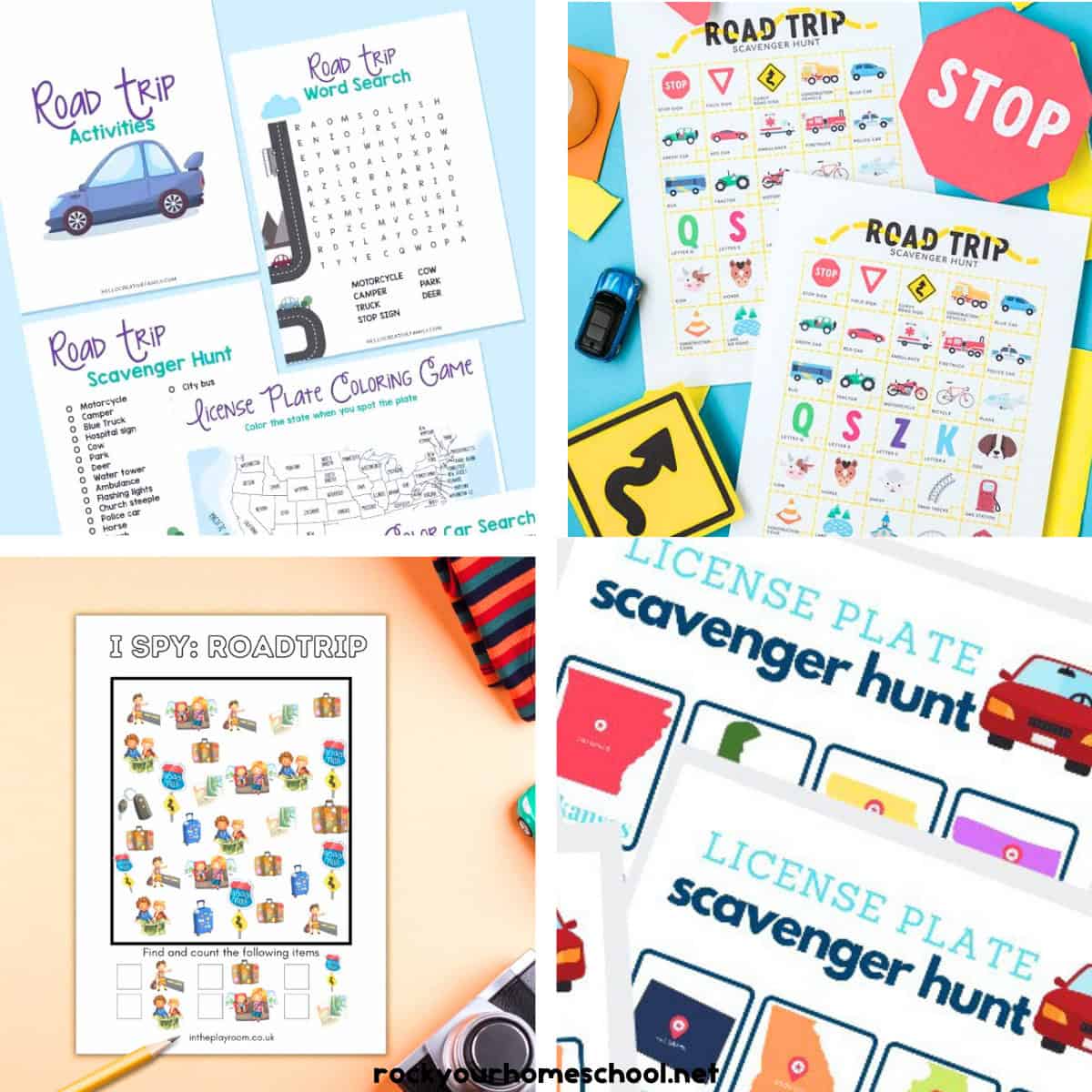 Four examples of free road trip printables for kids with license plate game, I Spy, scavenger hunt, and more.