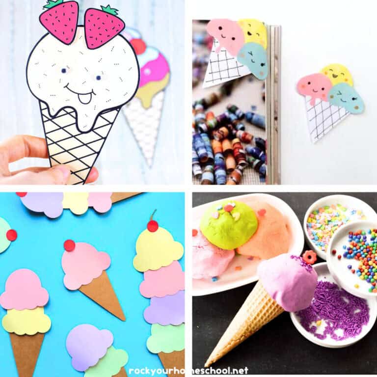 Four examples of ice cream crafts for kids.