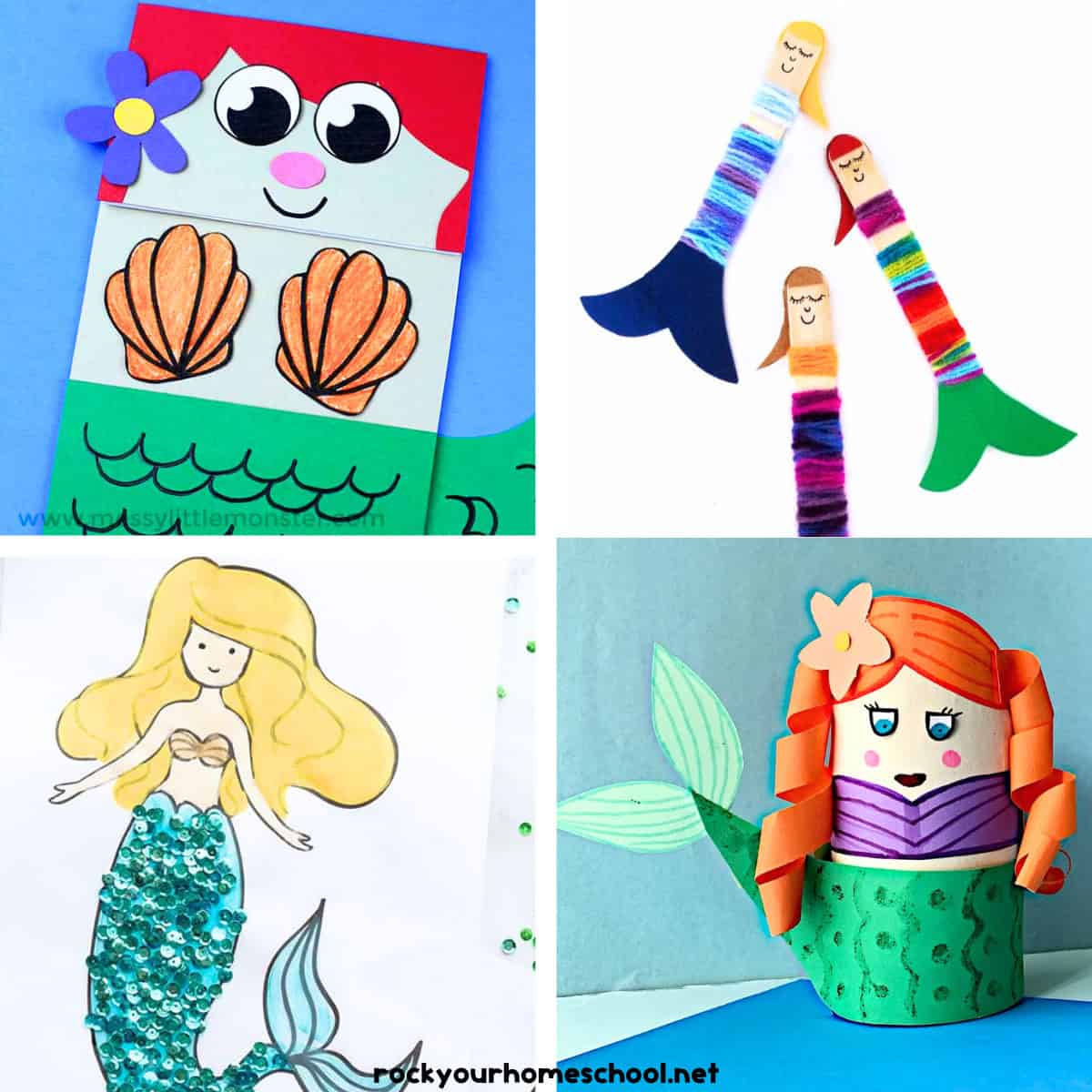 Four examples of mermaid crafts for kids.