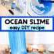 Ocean slime ingredients, mixture with glitter, and example.