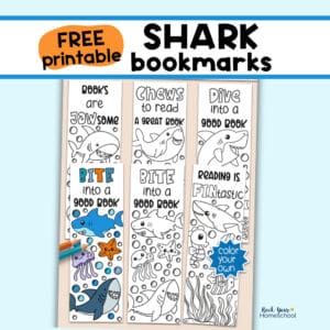 Examples of 5 free printable shark bookmarks to color.